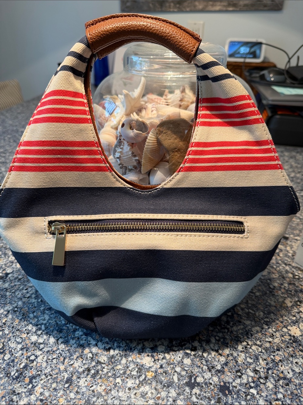 Striped Canvas Handheld Tote in Red, Navy and Cream
